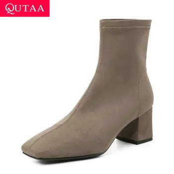 

QUTAA 2020 Retro Square Toe Slip on Ankle Boots Fashion Thick Heel Concise Short Boot Stretch Flock Casual Women Shoes Size34-39