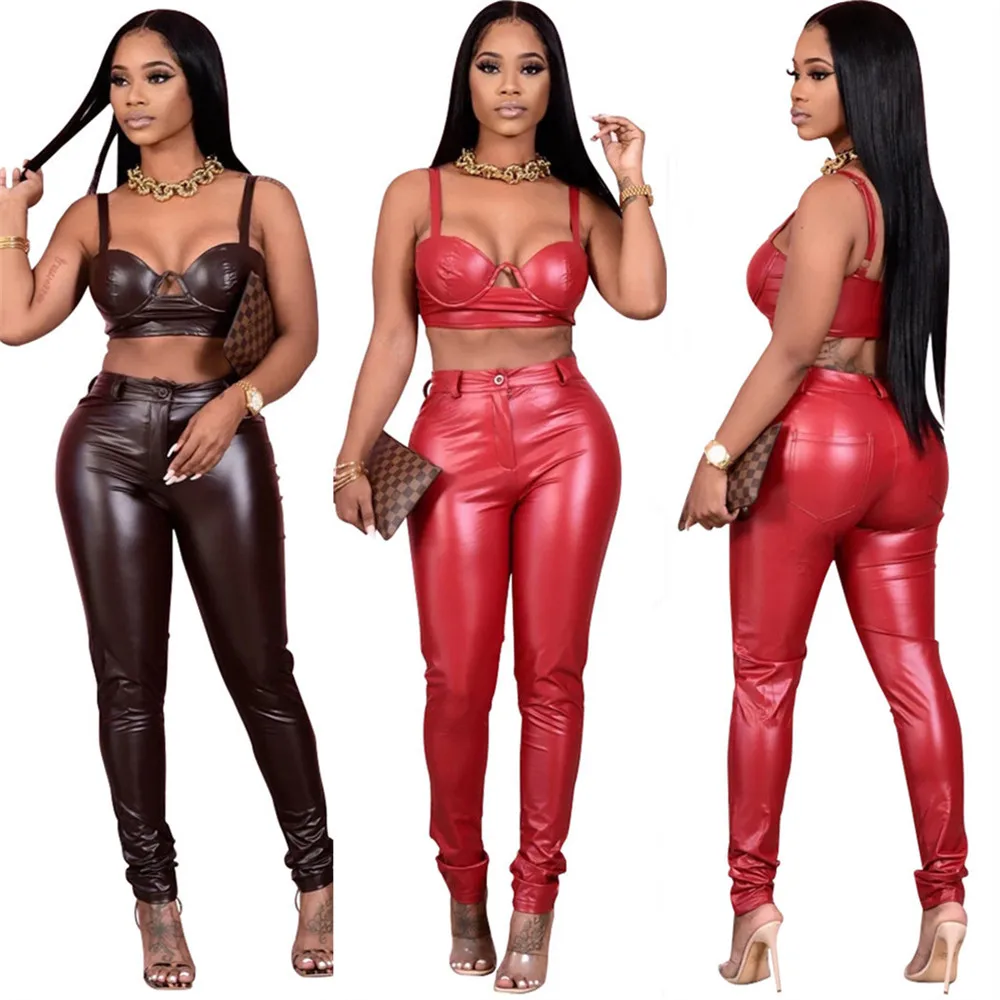 High Waist Brown Red Faux Leather Pants 