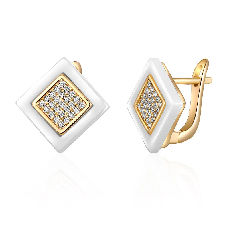 gold white Новые модные квадратные серьги-гвоздики из керамики золотого, серебряного цвета с цирконием, маленькие серьги для женщин, вечерние ювелирные изделия, романтические подарки для девочек - Окраска металла: gold white