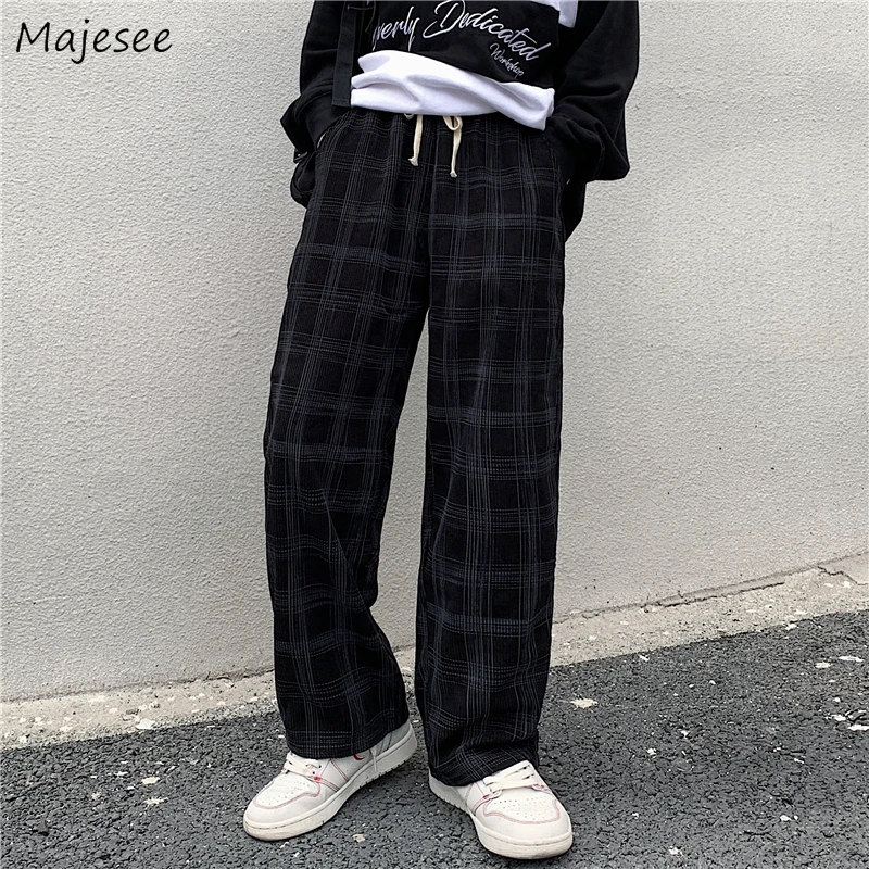 Wide Leg Pants Men Spring Casual Plaid Vintage BF Couple Straight Corduroy Streetwear Harajuku Oversize S-3XL