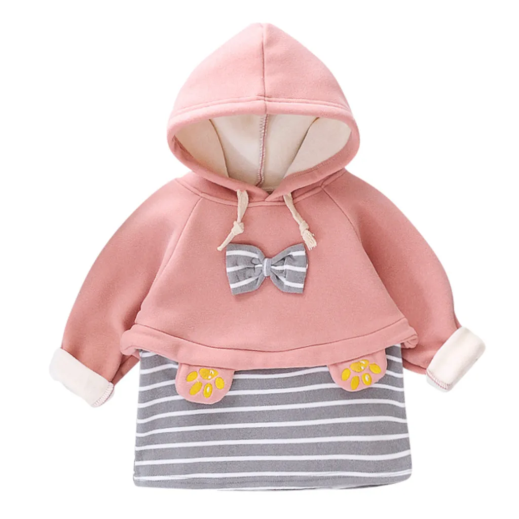 Pink Платье с длинными рукавами и капюшоном для маленьких девочек vestido infantil/Повседневные хлопковые платья-свитера в полоску с бантом зимняя одежда для маленьких девочек - Цвет: Pink