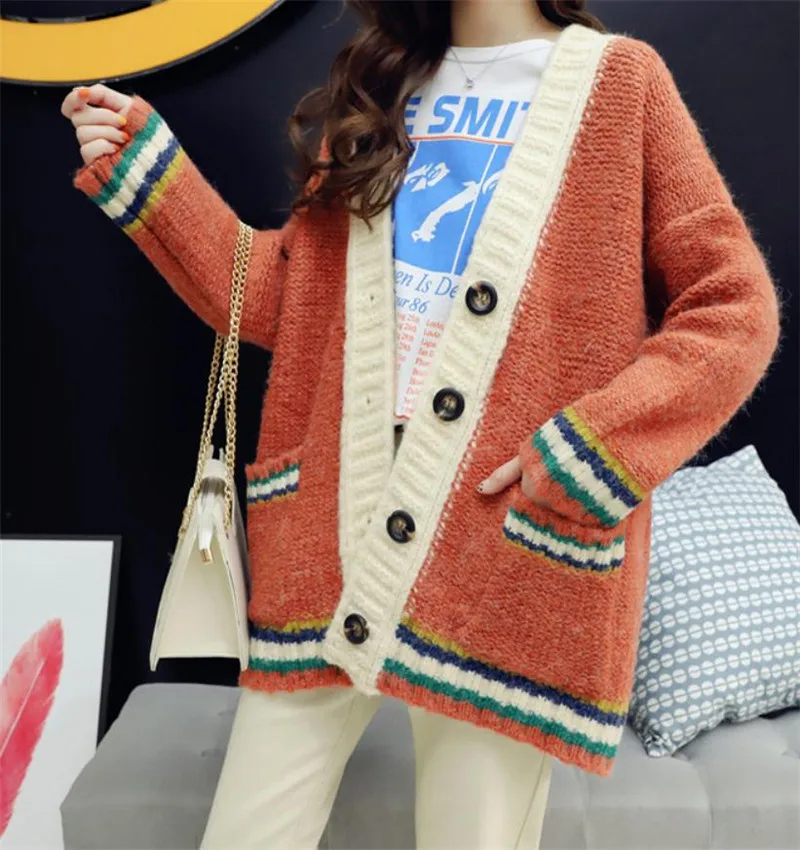 

Knitted Sweater Jacket Coat Fashionable Colour-clashing V-collar Loose and thicker Sweater Jacket Windsweater Jacket Spring and