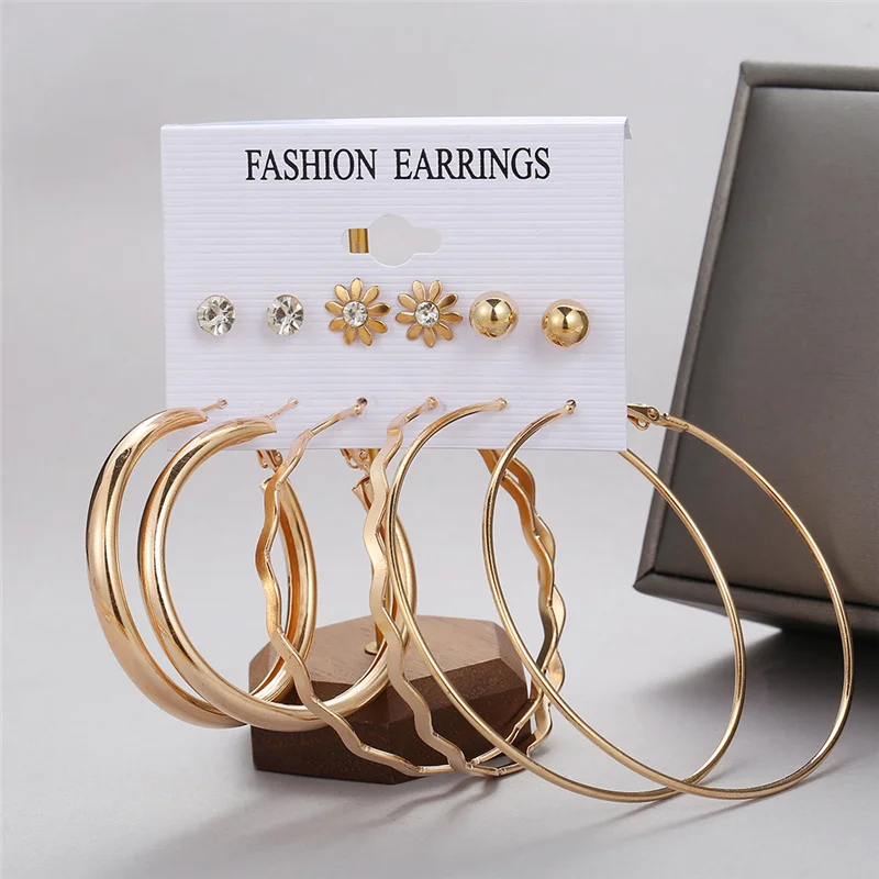 6 Pairs Women Fashion Simple Rock Exaggeration Circle Hoop Earrings Set Punk Hoop Earrings Silver, Women's