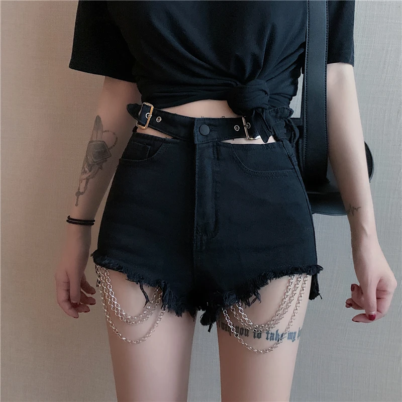 Vintage Gothic Black Hole Chain Denim Shorts Women Spring Summer 2020 New Harajuku Female Sexy
