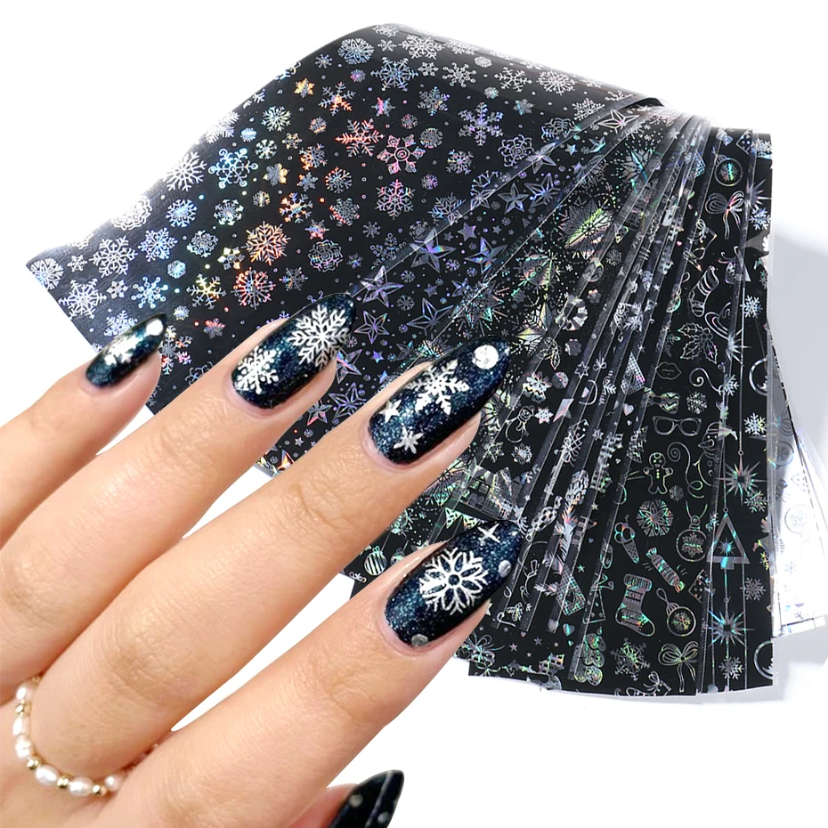 Holographic Christmas Nail Foil Laser Snowflake Stickers Mix Winter Designs Sparkly New Year Art Transfer Sliders LA8112 | Красота и