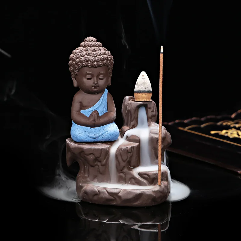 50Pcs Incense Cones+ 1Pc Burner The Little Monk Small Buddha Censer Ceramic Waterfall Backflow Incense Burner Holder Home Decor - Цвет: B