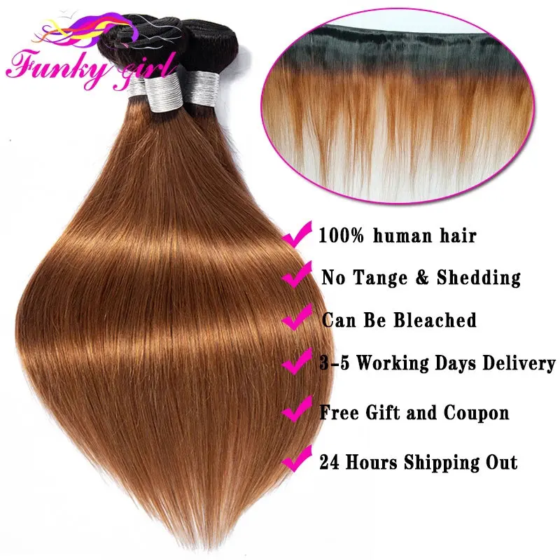 10A Hair Brazilian Bone Straight Hair 1B/30 Human Hair Weave Bundles Two Toned Hair Bundles Ombre Straight Hair 3 Pcs Extensions