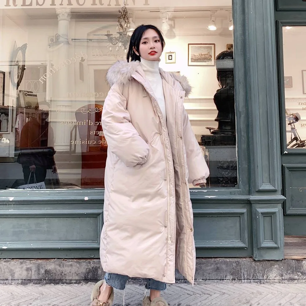 

Photo Shoot CHIC Vigorous GIRL'S Off-white Loose-Fit Mid-length Lace-up Hooded Large Fur Collar down Coat Cotton Overcoat