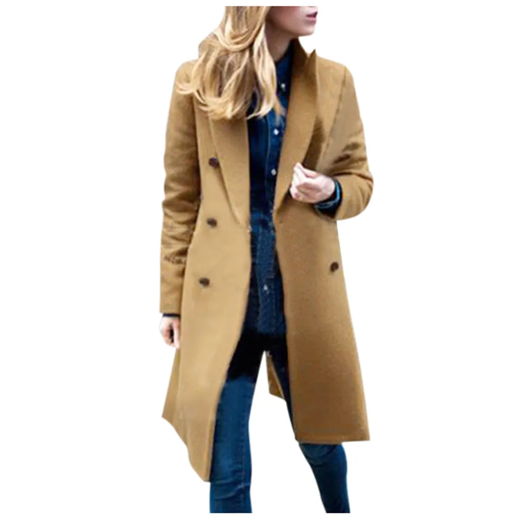 Осенне-зимнее пальто женское повседневное шерстяное однотонное пальто блейзеры женские элегантные двубортные длинные пальто женские большие размеры J30 - Цвет: Хаки