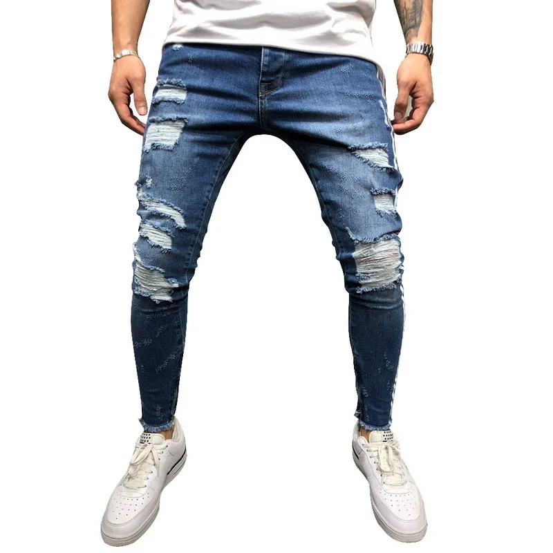 Deep Blue B Style Модные рваные джинсы, мужские брюки, обтягивающие прямые джинсы, Мужские джинсы на молнии, новые стильные брюки-карандаш, мужская одежда - Цвет: Deep Blue B Style