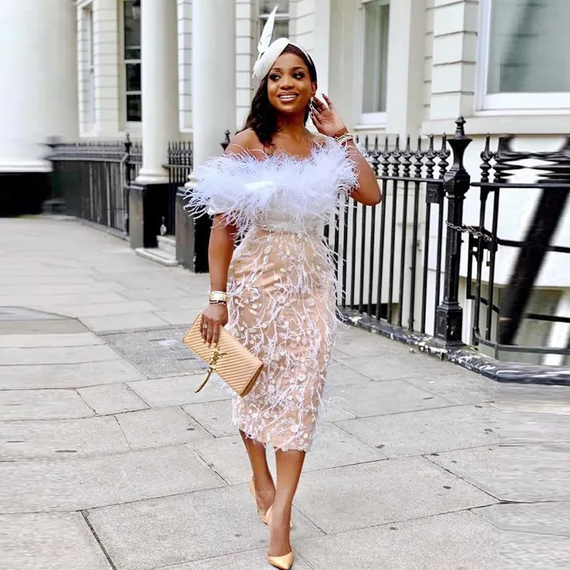 

Feathers Prom Dreseses For Women Off Shoulder Tea Length Appliques Lace Mermaid Evening Gowns Aso Ebi Party Robe Formal Vestidos