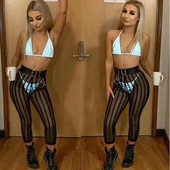 

Summer Women Sexy Mesh striped Leggings Ladies Casual Perspective Pants Trousers