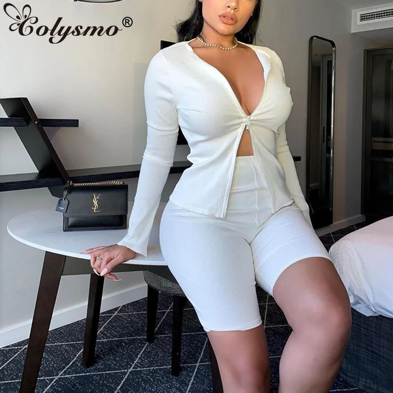 

Colysmo Ribbed Zipper 2 Piece Set Women Long Sleeve O Neck Top Biker Shorts Two Piece Set Matching Sets Streetwear Tracksuits