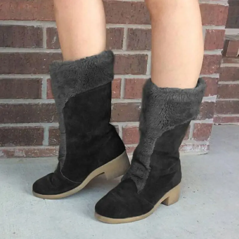 Fujin/женские ботинки; зимние плюшевые теплые ботинки; Прямая поставка; модные замшевые ботинки до середины икры с острым носком, на толстом каблуке, без шнуровки, для отдыха