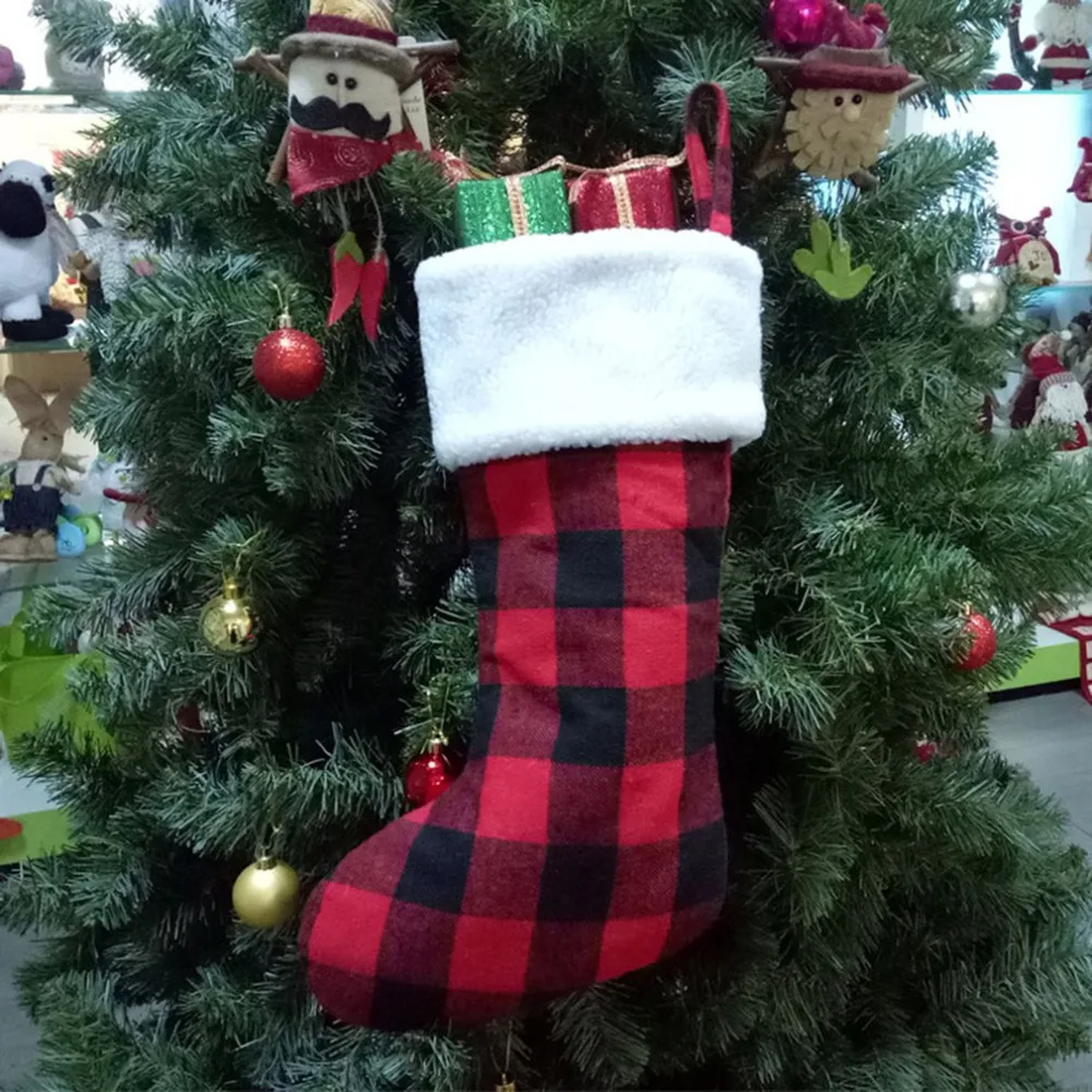 

Black Red Plaid Christmas Stocking with White Faux Fur Cuff Buffalo Check Socks for Holiday Christmas Decorations