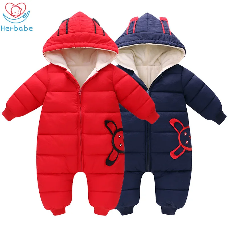 Herbabe зимний комбинезон для маленьких мальчиков; зимняя одежда для маленьких девочек; бархатная теплая зимняя одежда с капюшоном для новорожденных; комбинезон для малышей