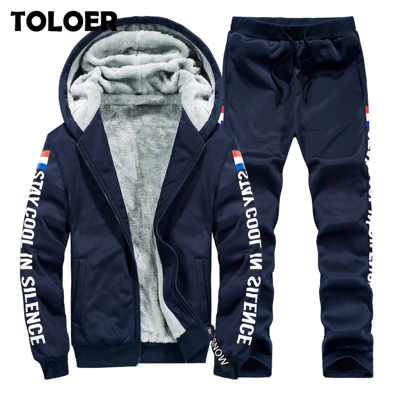 

Thick Men Tracksuit Set Winter Casual Mens Sportswear Sets Two Pieces Striped Fleece Hood Jacket Pants Sweatsuits Men Track Suit