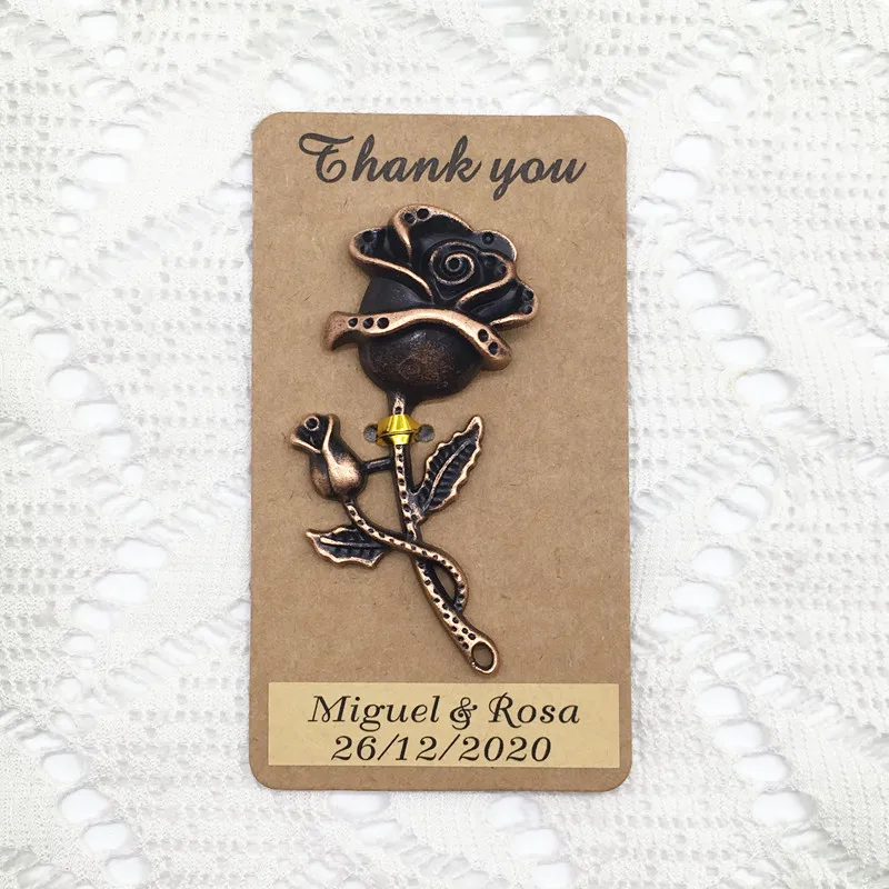 

50pcs/lot Newest Wedding Souvenirs Party Return Gifts Door Gifts for Guests Rose Flower Beer Opener with Custom Thank you Card