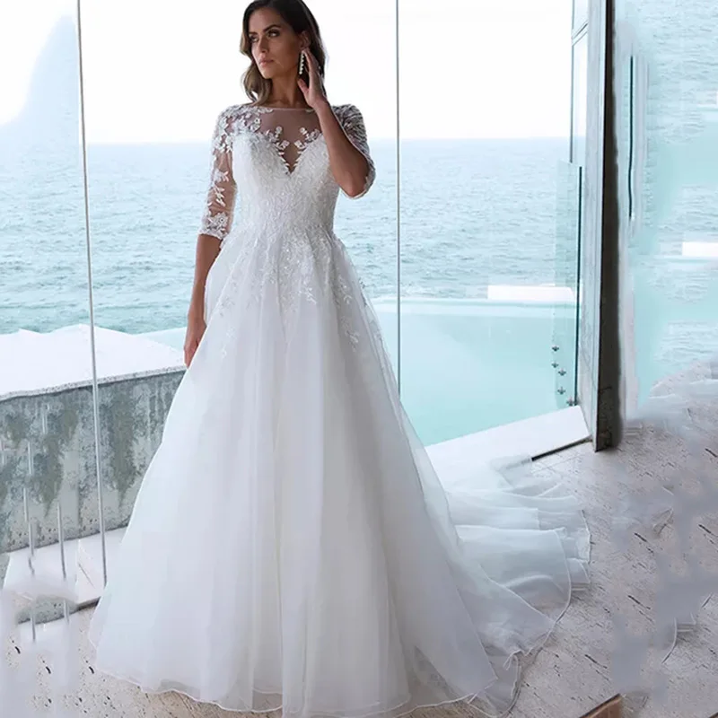 

Eightree A-Line Wedding Dress Half Sleeves Tulle Wedding Gowns Vestido De Novia Princess Wedding Dress Boho Bride Dresses 2019