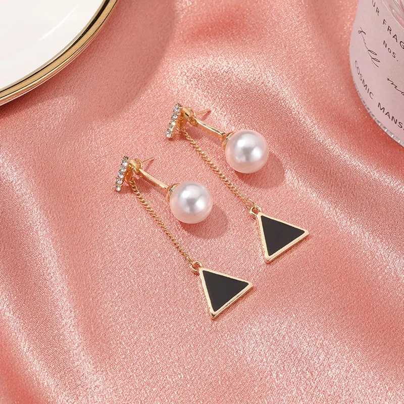 Simple temperament pearl tassel triangle earrings fashion long one-piece two-wear accessories