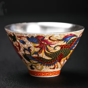 

Silver Ceramic Phoenix Tea Cup Unique tea set for milk oolong tea Bone china Cover bowl auspicious Teacup