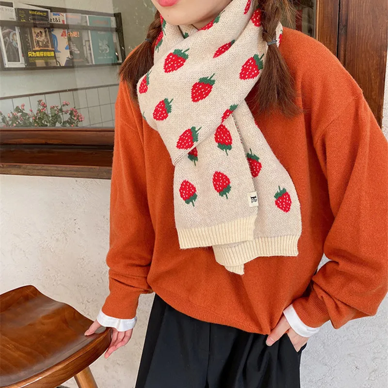New Woman Autumn And Winter new Korean knitting Strawberry scarf cute student decoration warm long Color grid bib