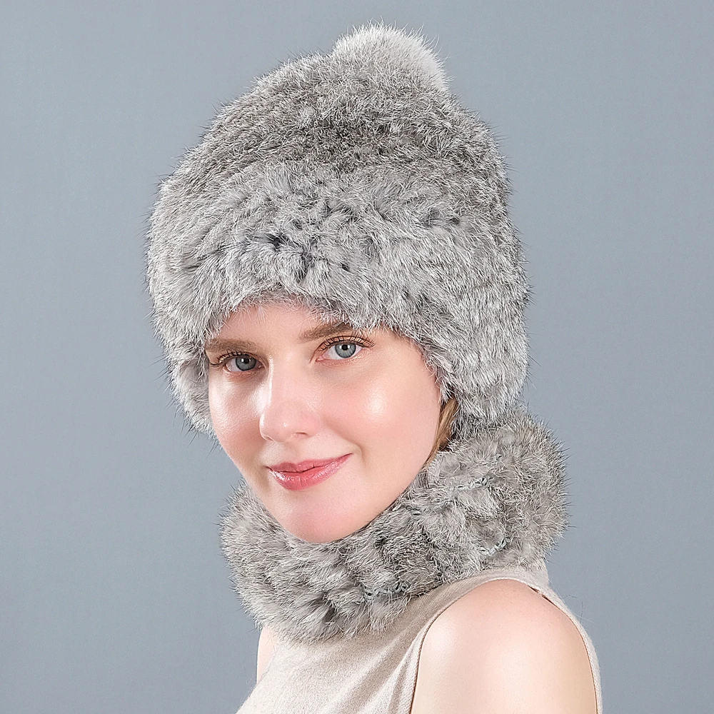 Шапка из кроличьего меха женская зимняя модная корейский шарф теплая шапка