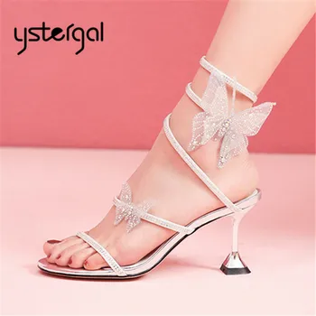

Ystergal Butterfly Decor Snakelike Women Sandals 7CM High Heels Prom Dress Shoes Woman Summer Gladiator Sandal Crystal Sandalia