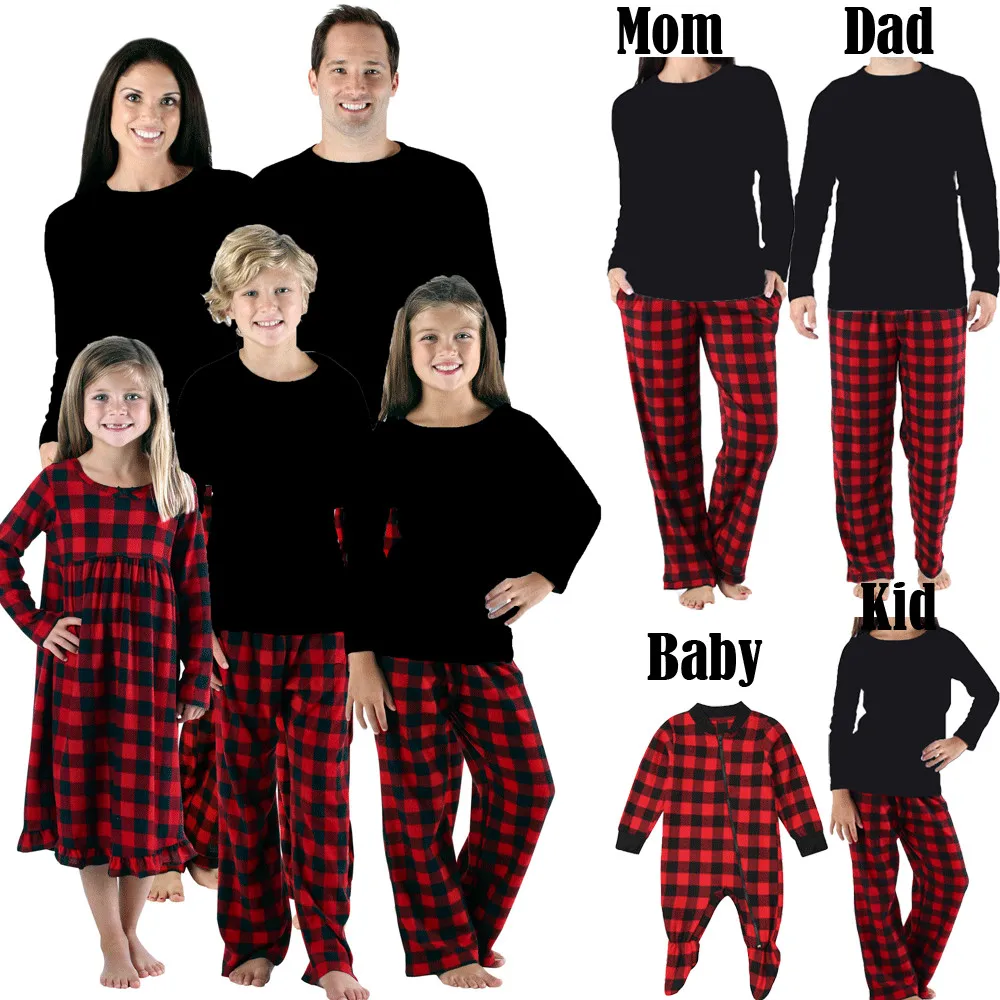 

Cotton Family Matching Christmas Pajamas Set Men Women Kids Baby Tracksuit Nightwear Red Plaid Black Solid Tops Pants Casual