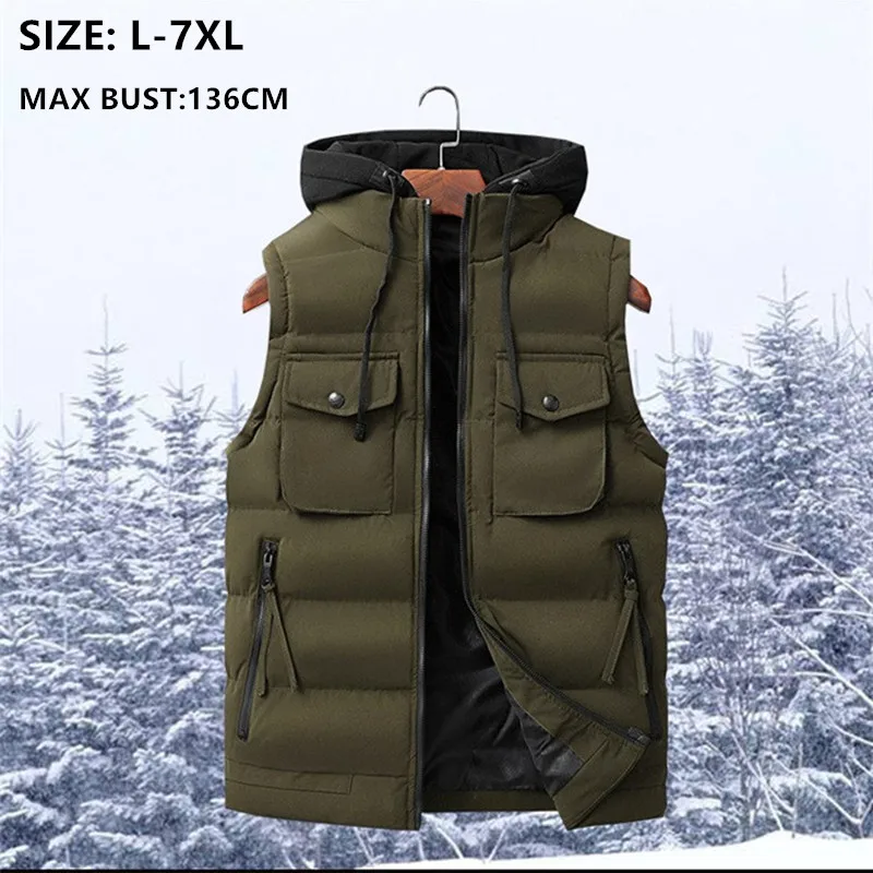Мужская жилетка без рукавов с капюшоном, зимний жилет Colete Masculino, куртка 5XL 6XL 7XL, Мужская теплая жилетка, плюс размер, мужская жилетка, утолщенная шапка, пальто