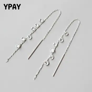 

YPAY 100% Real 925 Sterling Silver Long Drop Earrings for Girls Ladies Korean Trendy Clear Zircon Earring Fine Jewelry YME304