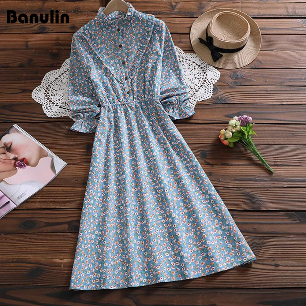 

Banulin Mori Girl Spring Autumn Women Corduroy Dress Casual Elastic-Waisted Vintage Vestidos Long Sleeve Korean Sweet Dress