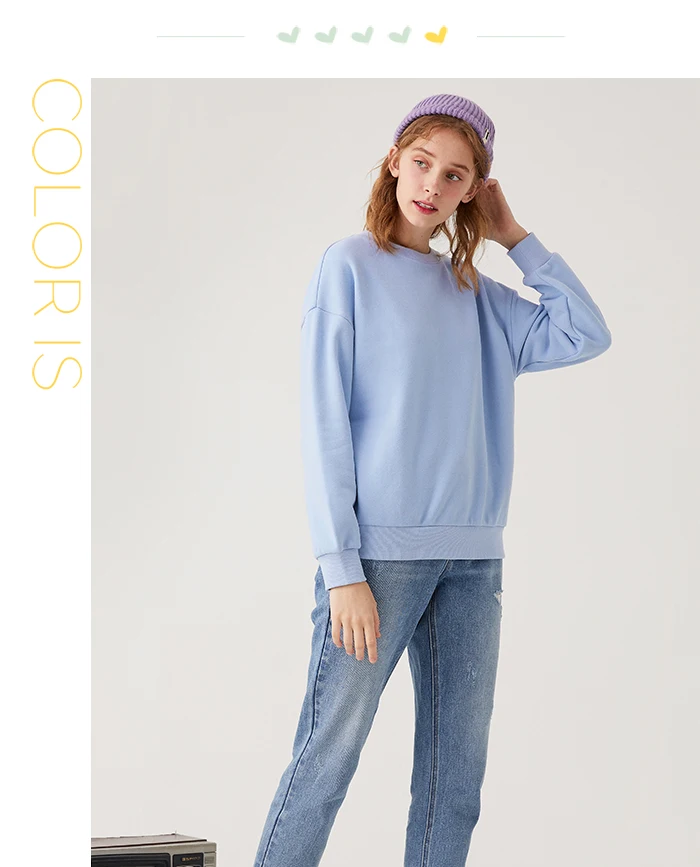 SEMIR толстовки женские плюс бархат осень и зима свободный синий сплошной цвет базовое пальто ленивый-ветер круглый вырез хлопок
