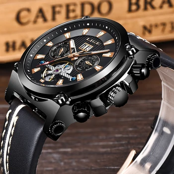

2020 LIGE Men Watch Fashion Automatic Mechanical Tourbillon Leather Luxury Brand Sport Waterproof Watches Mens Relogio Masculino