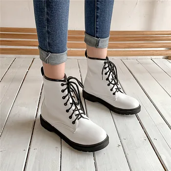 

2019 Vintage Punk Lacing Womens Shoes Low Heel Lace Up Ankle Combat Boots for Women White Black Gothic Cheap Booties