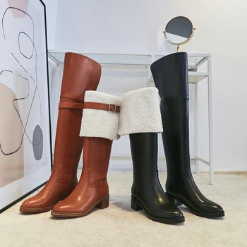 

Genuine Leather Long Winter Warm Snow Boots Over The Knee High Boots Sexy Women 4.5cm High Heels woman size 42 43