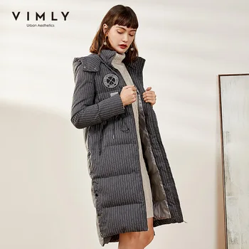 

Vimly 2020 Autumn Winter Women Striped Hooded Down Jacket Fashion Zipper Long Sleeve Straight Female Thicken Down Coat 50005