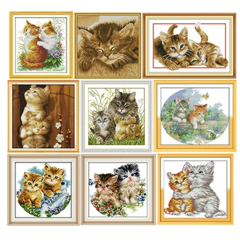 

Cat Family Cross Stitch Kits 11CT14CT Animals Printed Pattern Crafts Chinese Needlework DIY Counted Embroidery Accessories Decor