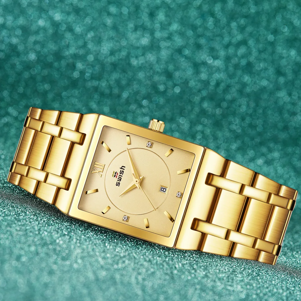 SWISH Luxury Golden Watches Women Creative Square Design Wristwatch Ladies Bracelet Quartz Watch Zegarek Damski Relogio Feminino