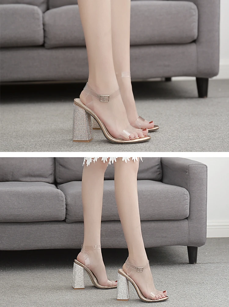Eilyken/женские пикантные прозрачные сандалии из пвх; Гладиаторы с пряжкой на лодыжке; стразы; туфли-лодочки на высоком квадратном каблуке 11,5 см; модельные туфли