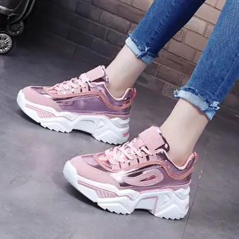 

Women Platform Chunky Sneakers 5cm high lace-up Casual Vulcanize Shoes luxury Designer Old Dad female fashion Sneakers 2020