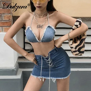 

Dulzura jeans crop top tank halter high waist mini skirt women sexy bandage 2020 summer clothes club party matching coord outfit