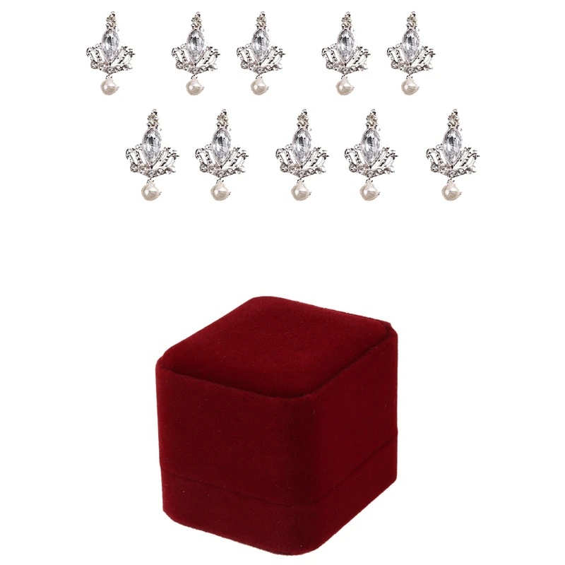 10Pcs 3D Silver Crown Crystal Rhinestone Alloy Nail Art DIY Decoration &amp 1 Pcs Velvet Engagement Ring Box (Dark Red) | Дом и сад