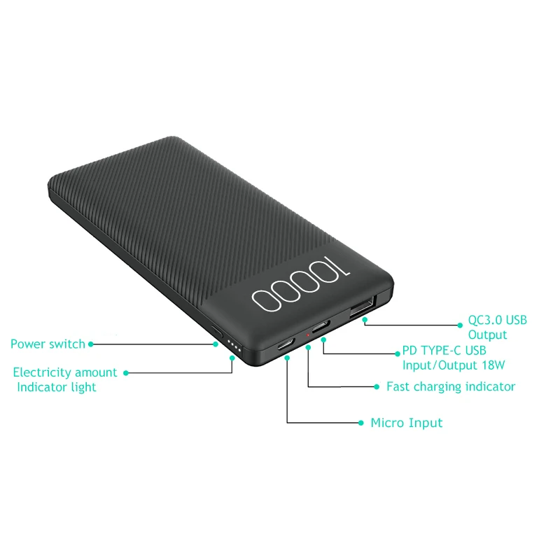 

PD Mini Power Bank 10000mAh External Battery Charger Type C USB C QC 3.0 Powerbank formacbook Iphone Samsung Huawei