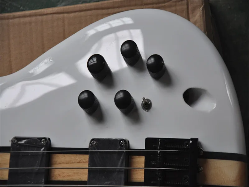 6 Strings White body Electric Bass Guitar with 2 Black Active Pickups,Black Hardware,Neck through body,offer customized