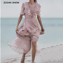 2020 nuevo francés orejas de madera volantes Polka Dot vestido rosa Vintage mujer cuello en V lazo fajas Maxi vestidos largos de gasa vacaciones