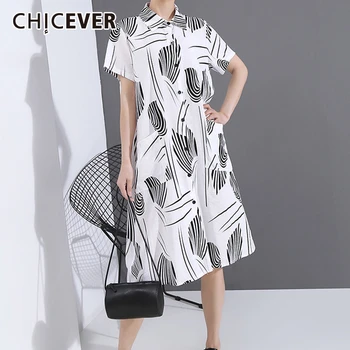 

CHICEVER Korean Print Hit Color Women's Dress Lapel Collar Short Sleeve Oversize Loose Female Dresses 2020 Fashion Clothes New