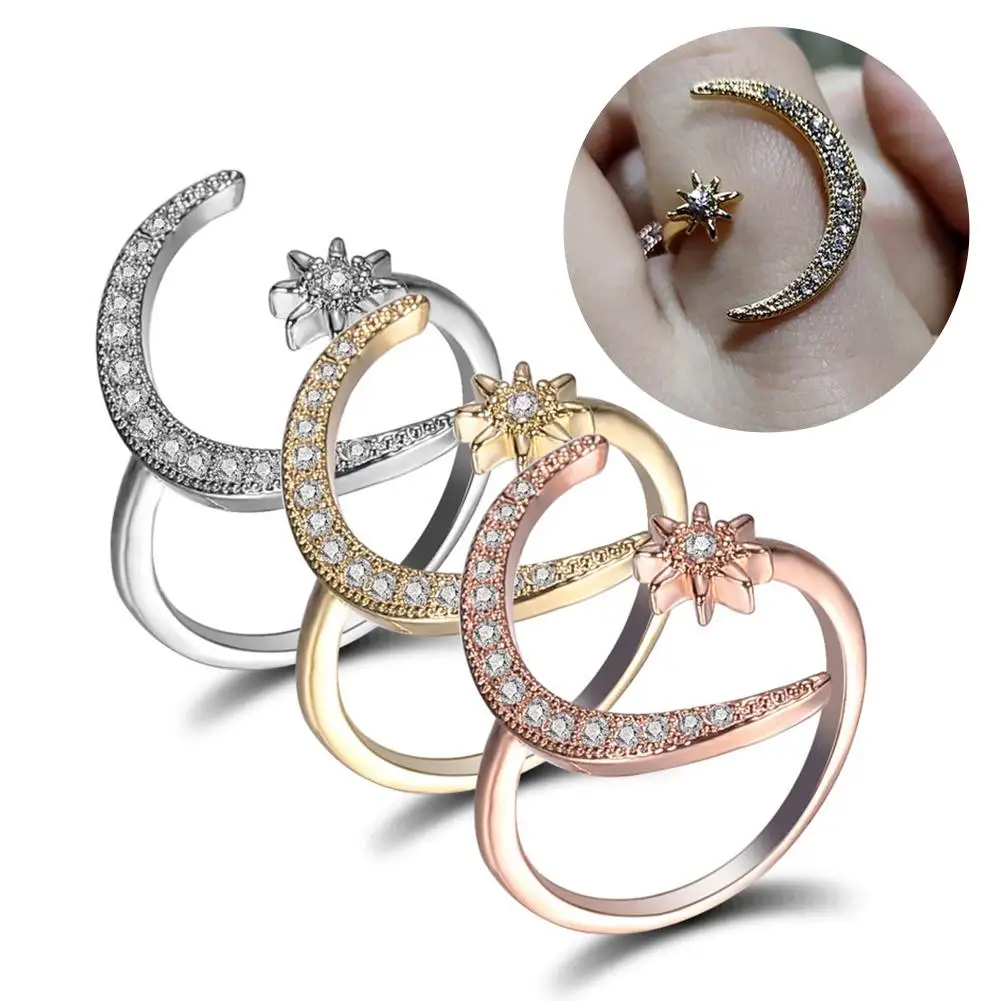 Rhinestone Inlaid Crescent Moon Star Open Finger Ring Women Adjustable Jewelry Elegant Trendy Wedding For Woman | Украшения и