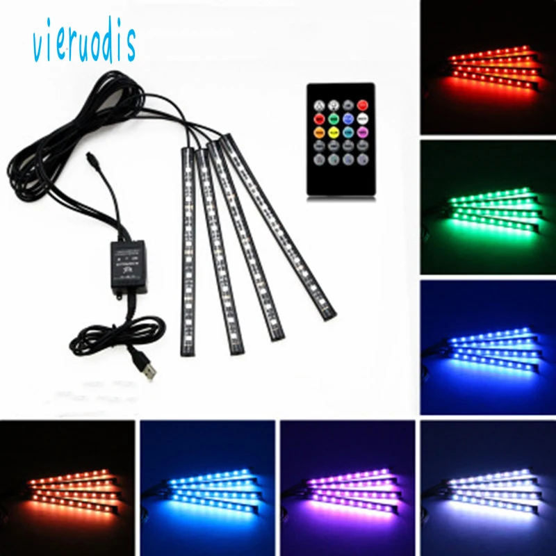 Vierudios 4pcs Car RGB 12 LED Strip Light Atmosphere Foot USB Lighter Colorful Music Voice Sound Control | Автомобили и мотоциклы