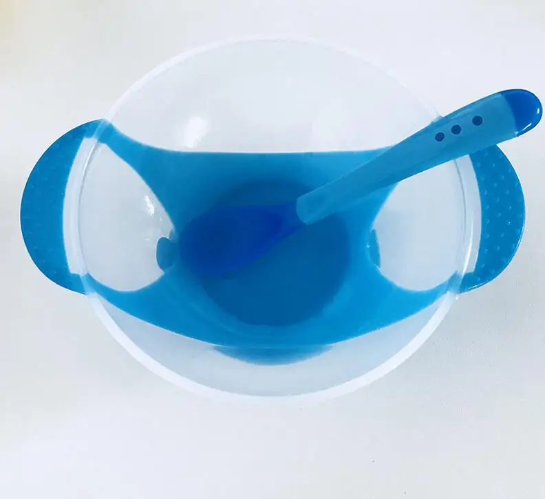 Детские PP чаши детские пищевые добавки для малышей Нескользящая присоска чаша супер всасывающая детская пудинг Прозрачная чаша на присоске - Цвет: Blue bowl spoon